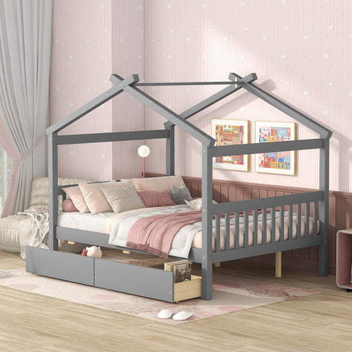 Full Size Wooden House Bed with Drawers, Gray image