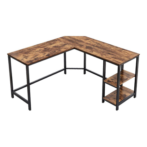 L Shape Wood and Metal Frame Computer Desk with 2 Shelves, Brown and Black image