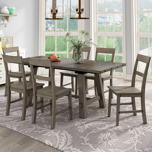Retro Industrial Style 7-Piece Dining Table Set Extendable Table with 18” Leaf and Six Wood Chairs 
(Gray) image