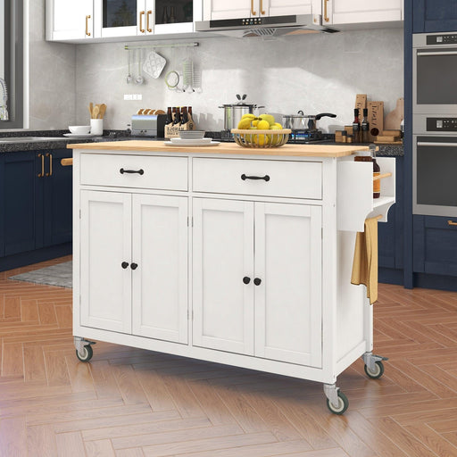 Kitchen Island Cart with Solid Wood Top and Locking Wheels，54.3 Inch Width，4 Door Cabinet and Two Drawers，Spice Rack, Towel Rack （White） image
