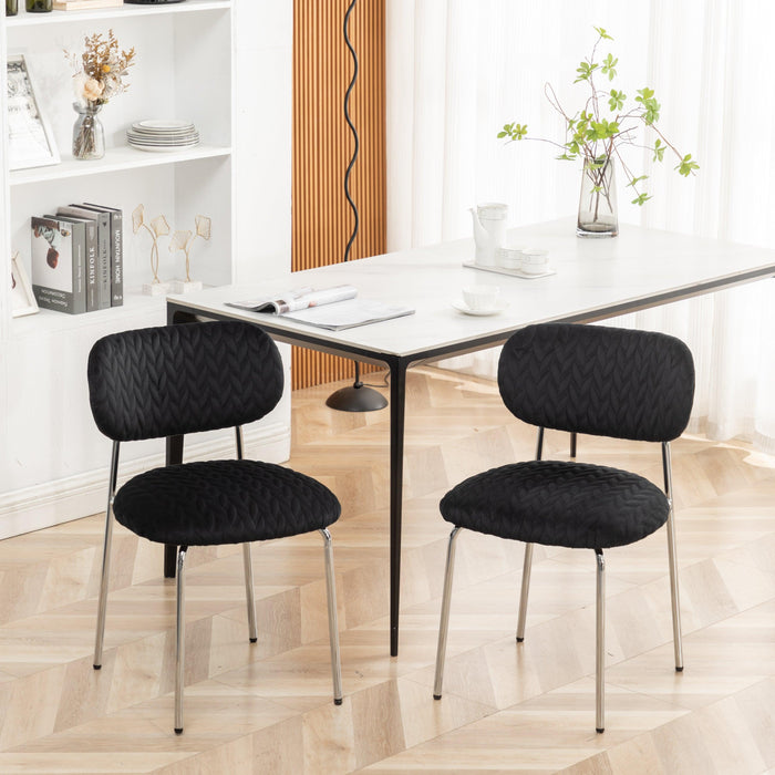 Velvet dining Chair Leaf grain ergonomic backrest Chair Silver metal legs Chair(Set of 2)（Black） image