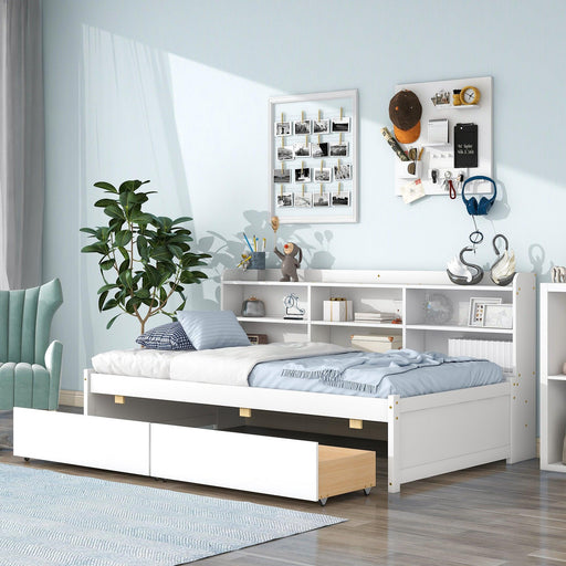 Twin Bed with Side Bookcase, Drawers,White image