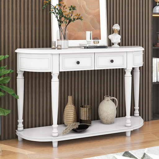 Retro Circular Curved Design Console Table with Open Style Shelf Solid Wooden Frame and Legs Two Top Drawers (Antique White) image