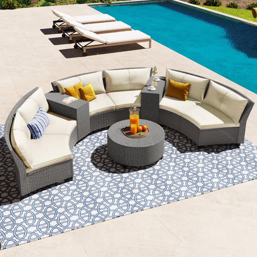 6 - Person Fan-shaped Rattan Suit Combination with Cushions and Table,Suitable for Garden image