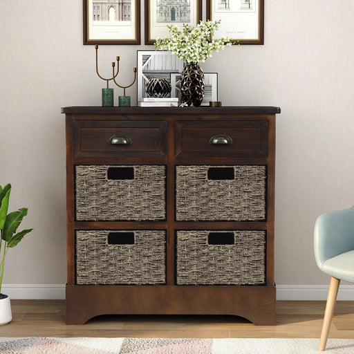 RusticStorage Cabinet with Two Drawers and Four Classic Rattan Basket for Dining Room/Living Room (Espresso) image