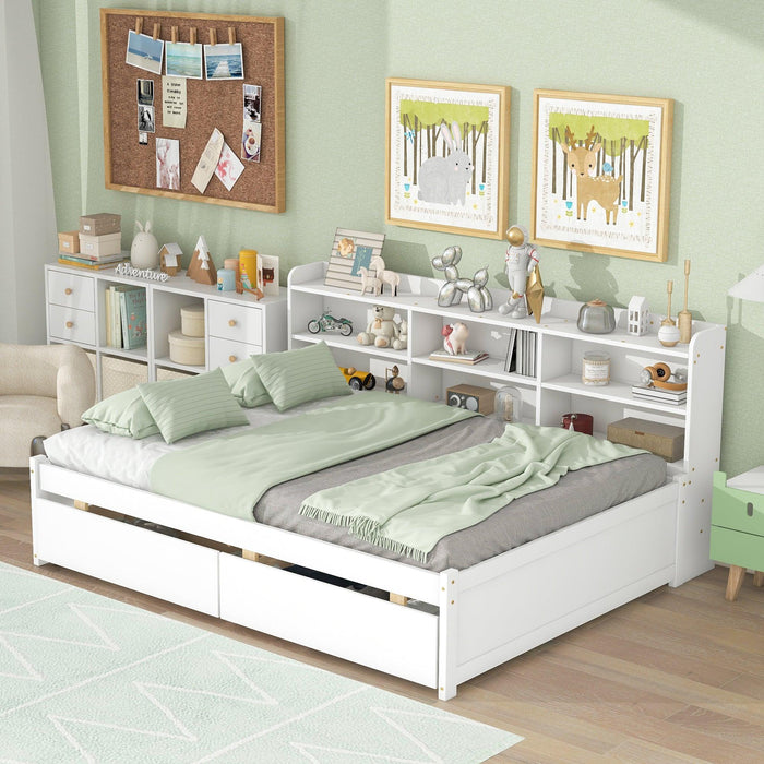 Full Bed with Side Bookcase, Drawers,White image