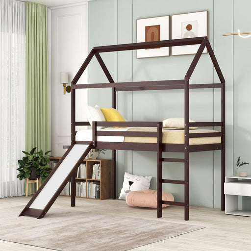 Twin Loft Bed with Slide, House Bed with Slide,Gray image