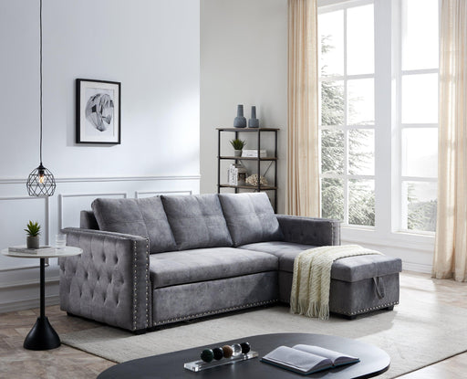 Sectional sofa with pulled out bed,  2 seats sofa and reversible chaise withStorage, both hands with copper nail, GREY, (91" x 64" x 37") image