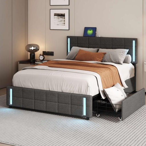 Queen Size Upholstered Platform Bed with LED Lights and USB Charging,Storage Bed with 4 Drawers, Dark Gray image