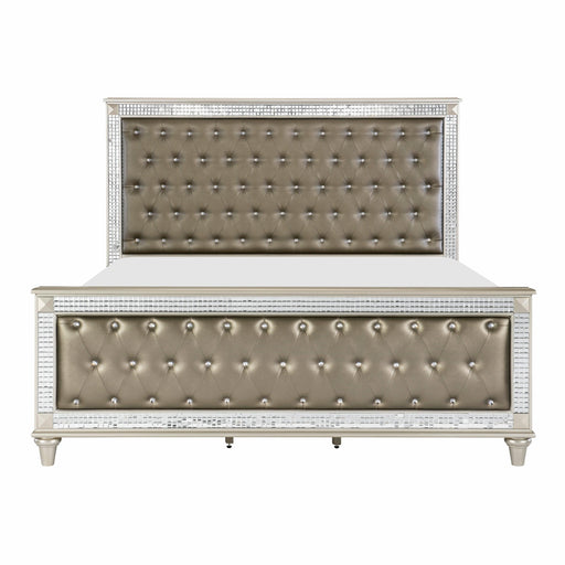 Glamorous Style Champagne Finish Queen Bed 1pc Upholstered Headboard Footboard Arcylic Crystals Trim TuftingModern Bedroom Furniture image