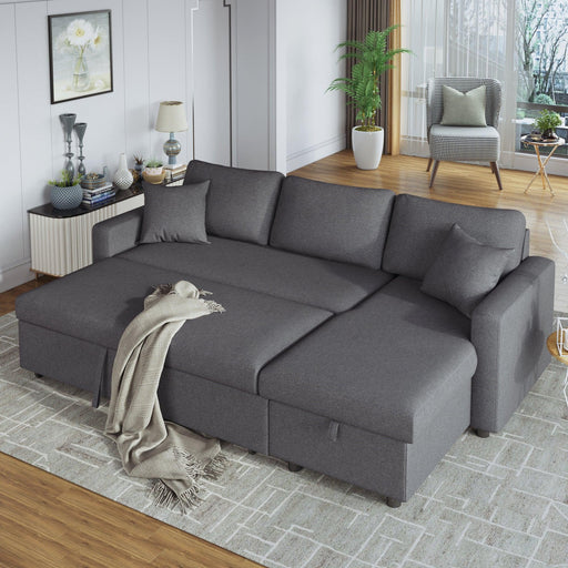 Upholstery  Sleeper Sectional Sofa Grey withStorage Space, 2 Tossing Cushions image