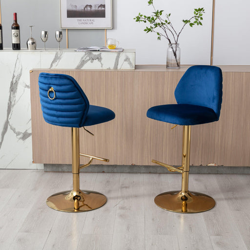 Swivel Bar Stools Chair Set of 2Modern Adjustable Counter Height Bar Stools, Velvet Upholstered Stool with Tufted High Back & Ring Pull for Kitchen , Chrome Golden Base,Blue image