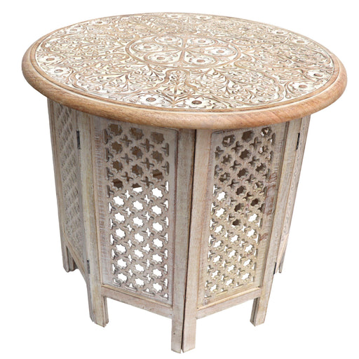 Mesh Cut Out Carved ManWood Octagonal Folding Table with Round Top, Antique White and Brown image