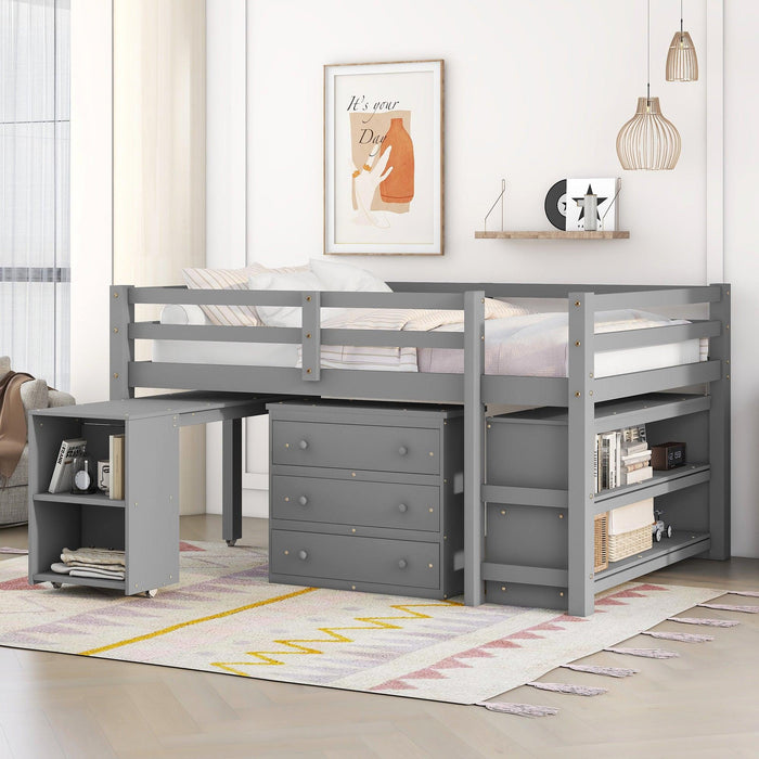 Low Study Full Loft Bed with Cabinet ,Shelves and Rolling Portable Desk ,Multiple Functions Bed- Gray image