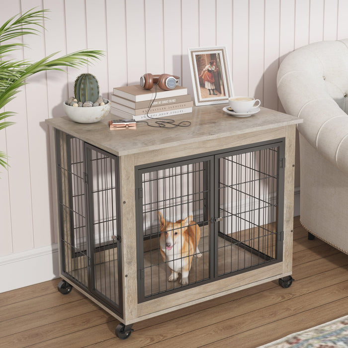 Furniture Style Dog Crate Side Table on Wheels with Double Doors and Lift Top. （Grey,31.50’’W*22.05’’D*25’’H） image