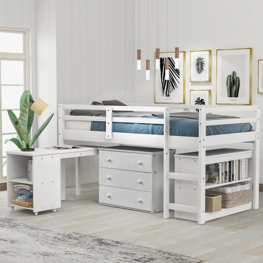 Low Study Twin Loft Bed with Cabinet and Rolling Portable Desk - White image