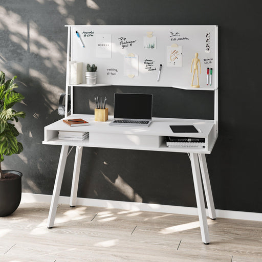 Techni Mobili Study Computer Desk withStorage & Magnetic Dry Erase White Board, White image