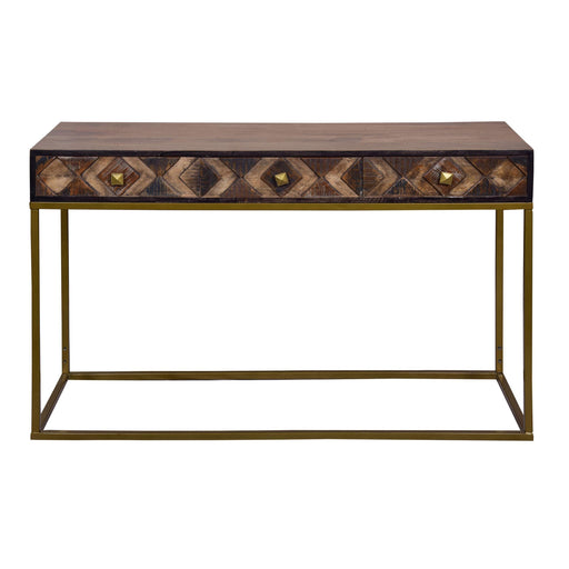 51 Inch 3 Drawer ManWood Console Table, Diamond Textured Panels, Metal Frame, Brown image