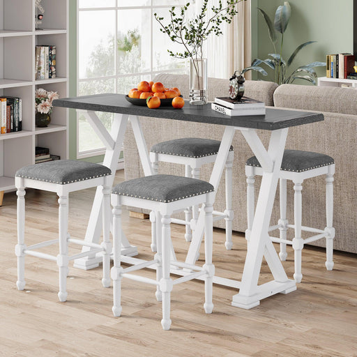 Mid-century Counter Height 5-Piece Dining Set, Wood Console Table with Trestle Legs and 4 Stools for Small Places, White image