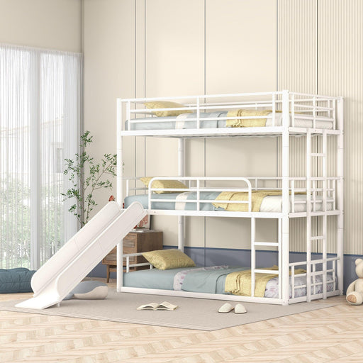 Twin Size Metal Bunk Bed with Ladders and Slide, Divided into Platform and Loft Bed, White image