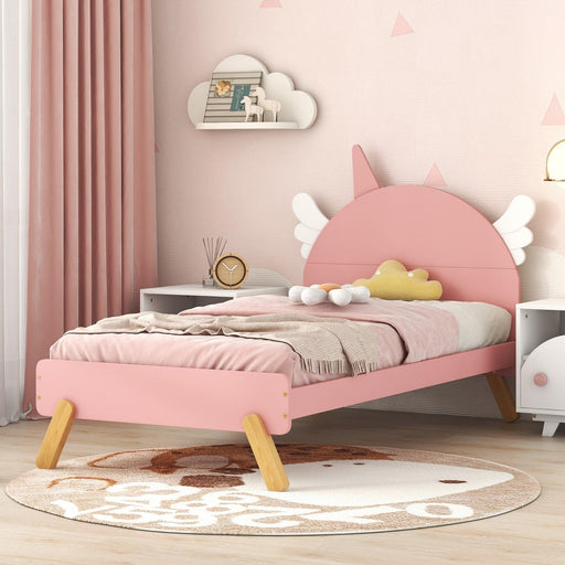 Wooden Cute Bed With Unicorn Shape Headboard,Twin Size Platform Bed,Pink image
