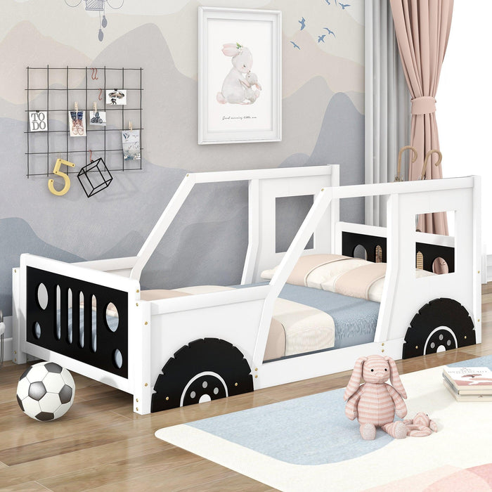 Twin Size Classic Car-Shaped Platform Bed with Wheels,White image
