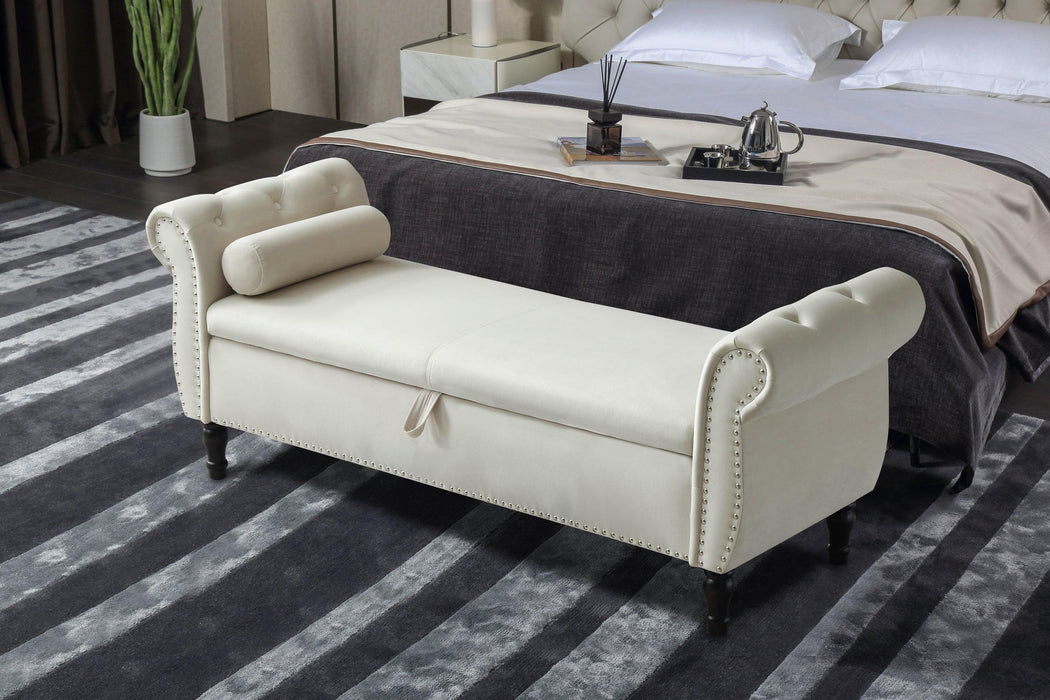 63" Velvet MultifunctionalStorage Rectangular Sofa Stool Buttons Tufted Nailhead Trimmed Solid Wood Legs with 1 Pillow,Beige image