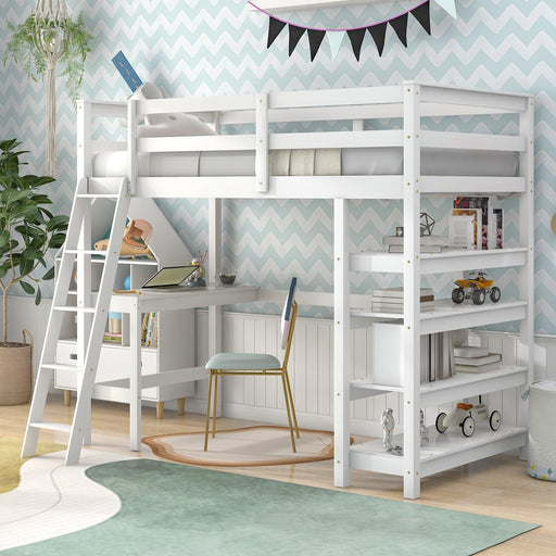 Twin Loft Bed with desk,ladder,shelves , White image