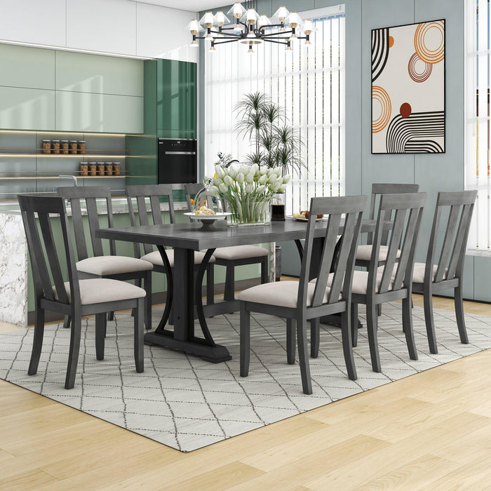 9-Piece Retro Style Dining Table Set 78" Wood Rectangular Table and 8 Dining Chairs for Dining Room (Gray) image