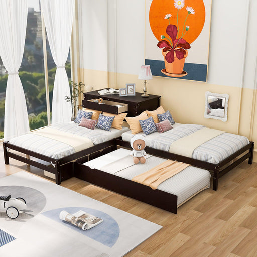 Full Size L-shaped Platform Beds with Twin Size Trundle and Drawers Linked with Built-in Rectangle Table,Espresso image