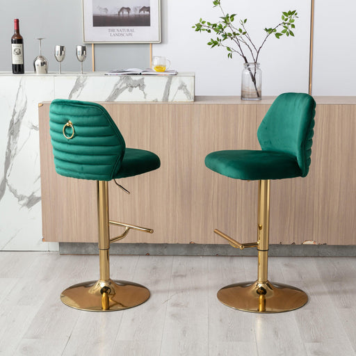 Swivel Bar Stools Chair Set of 2Modern Adjustable Counter Height Bar Stools, Velvet Upholstered Stool with Tufted High Back & Ring Pull for Kitchen , Chrome Golden Base, Green image