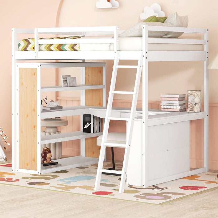 Full Size Loft Bed with Ladder, Shelves, and Desk, White image