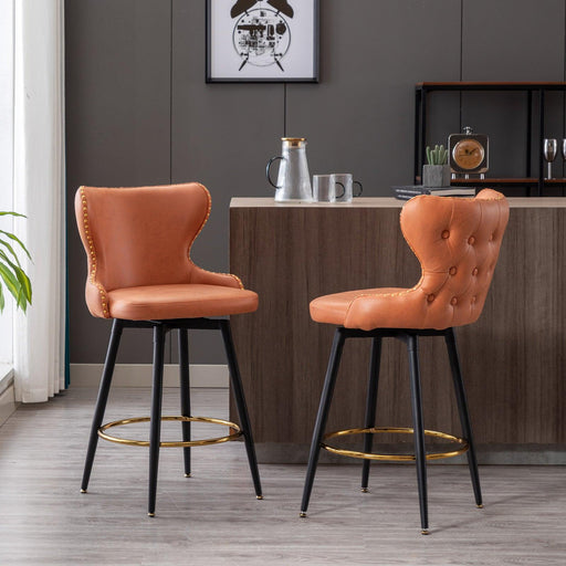 Counter Height 25"Modern Leathaire Fabric bar chairs,180° Swivel Bar Stool Chair for Kitchen,Tufted Gold Nailhead Trim Bar Stools with Metal Legs,Set of 2 (Orange) image
