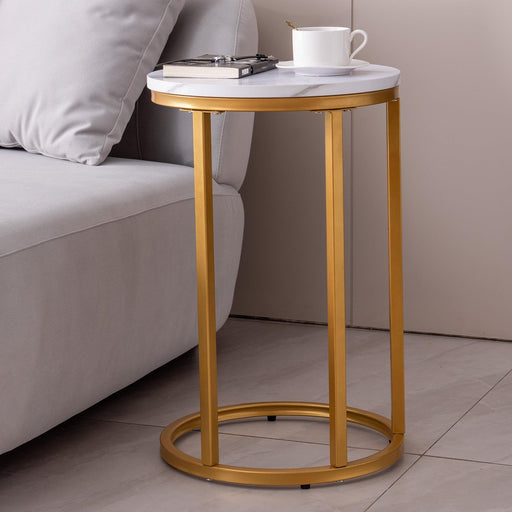 Modern C-shaped end/side table,Golden metal frame with round marble color top-15.75” image