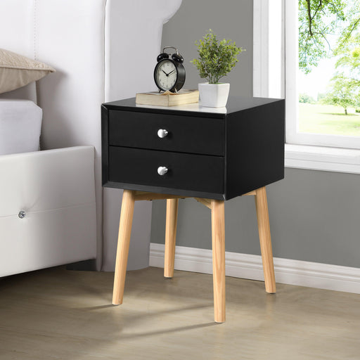 Side Table,Bedside Table with 2 Drawers and Rubber Wood Legs, Mid-CenturyModernStorage Cabinet for Bedroom Living Room, Black image