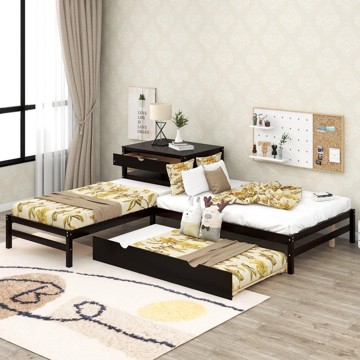 L-Shaped Full Size and Twin Size Platform Beds with Twin Size Trundle and Drawer Linked with Built-in Rectangle Table,Espresso image