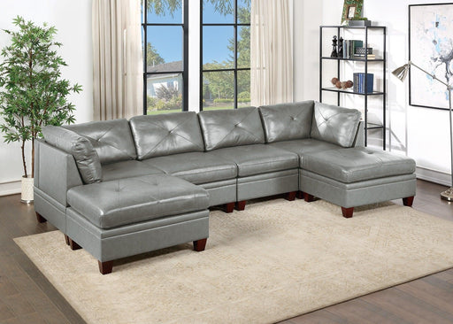 Genuine Leather Sectional Sofa Chair Ottomans 6pc Set Grey Tufted Couch Living Room Furniture image