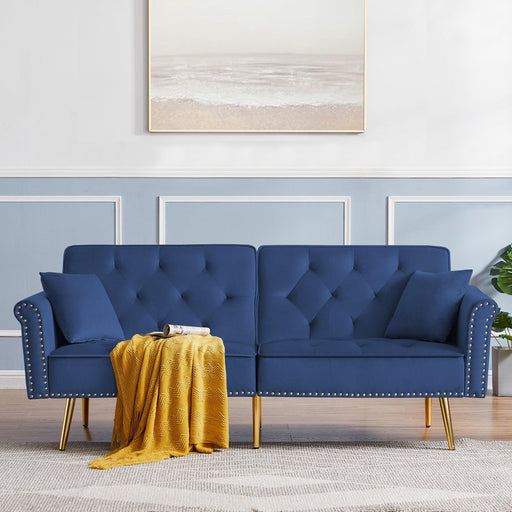 Modern Velvet Tufted Sofa Couch with 2 Pillows and Nailhead Trim, Loveseat Sofa Futon Sofa Bed with Metal Legs  for Living Room. image