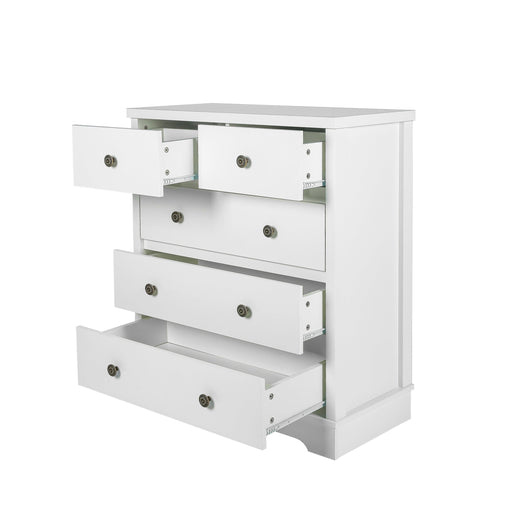 White color 5 drawers chest of drawer,Tallboy for bedroom, wooden cabinet image