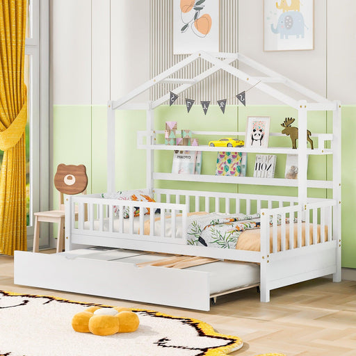 Wooden Twin Size House Bed with Trundle,Kids Bed with Shelf, White image