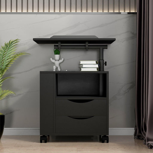 Height Adjustable Overbed End Table Wooden Nightstand with Swivel Top, Drawers, Wheels and Open Shelf,  Black image