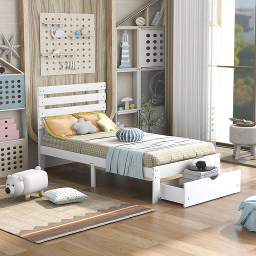 Twin Size Platform Bed with Drawer, White image