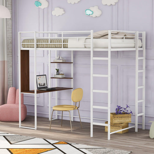 Twin Metal Loft Bed with 2 Shelves and one Desk ,WHITE image