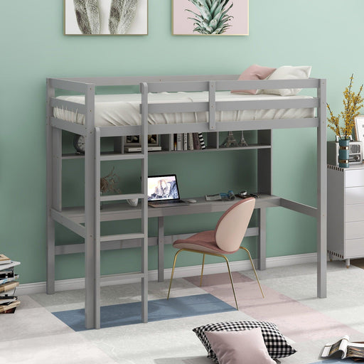 Twin Size Loft Bed with Convenient Desk, Shelves, and Ladder, White image