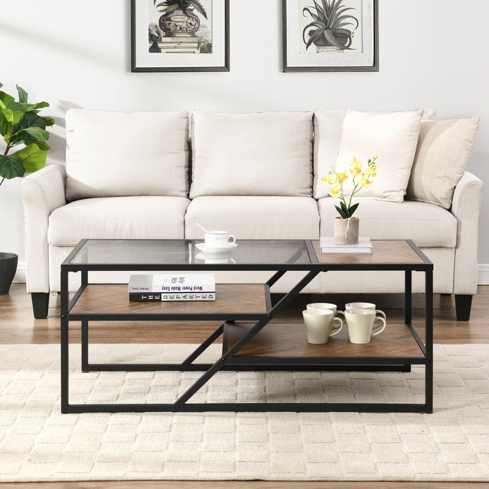 Black Coffee Table withStorage Shelf, Tempered Glass Coffee Table with Metal Frame for Living Room&Bedroom image