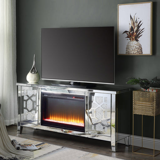 ACME Noralie TV STAND W/FIREPLACE Mirrored & Faux Diamonds LV00312 image