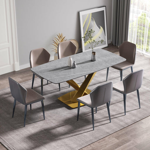 70.87"Modern artificial stone gray curved golden metal leg dining table-can accommodate 6-8 people image