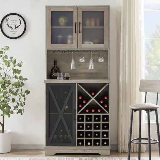 Farmhouse Wine Cabinet , Large Capacity Kitchen SideboardStorage Cabinet With Wine Rack And Glass Holder, Adjustable Shelf And 16 Square Compartments (Gray, 31.50" W*13.4" D*71.06"H) image