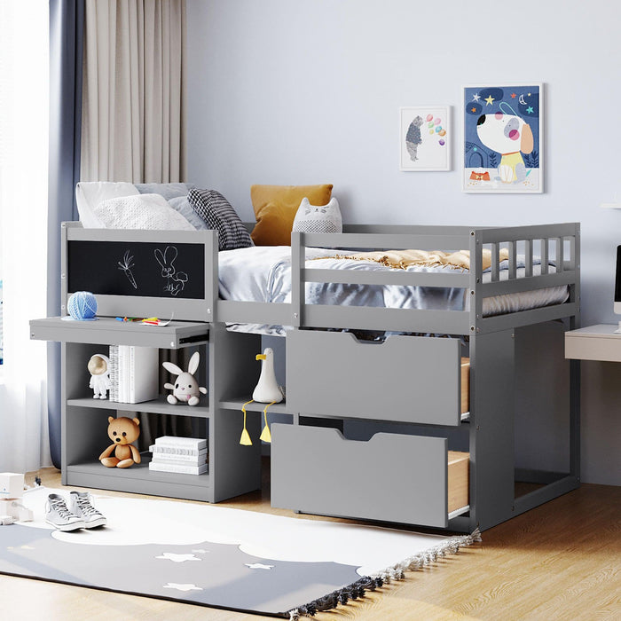 Twin Size Low Loft Bed with Rolling Desk, Shelf and Drawers - Gray image