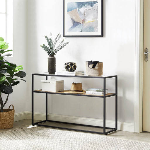 48.03" Glass Console Sofa Table,Modern Open Hallway Table, Narrow Entryway Table,  2 Shelves Couch Side Table with Adjustable Feet,Black Metal Reversable Chevron Oak and Pine image